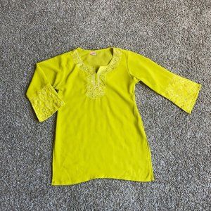 Paras Shirt Womens Small Yellow Tunic Long Sleeve Embroidered Rhinestone Ladies